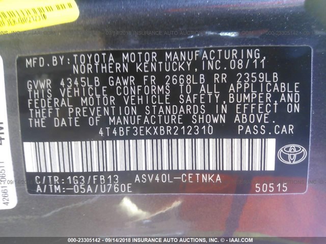 4T4BF3EKXBR212310 - 2011 TOYOTA CAMRY SE/LE/XLE 灰色 照片 9