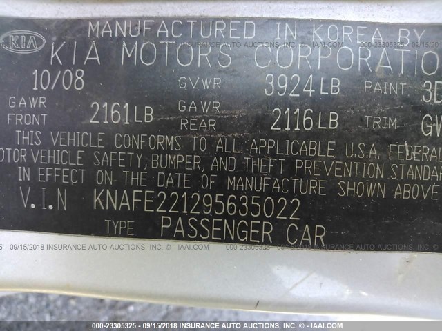 KNAFE221295635022 - 2009 KIA SPECTRA EX/LX/SX SILVER photo 9