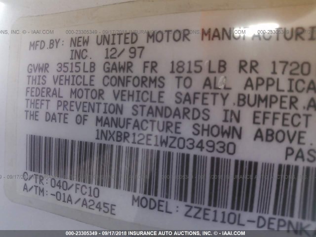 1NXBR12E1WZ034930 - 1998 TOYOTA COROLLA VE/CE/LE 白色 照片 9