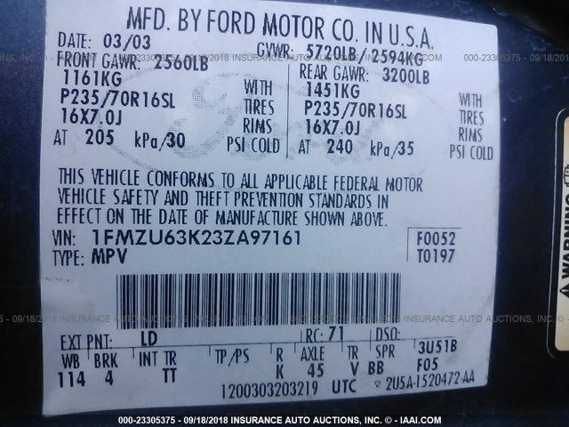 1FMZU63K23ZA97161 - 2003 FORD EXPLORER XLT/XLT SPORT/NBX 蓝色 照片 9