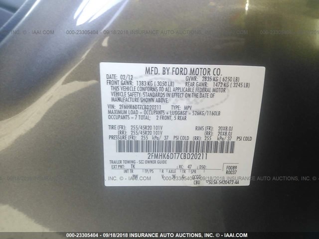 2FMHK6DT7CBD20211 - 2012 FORD FLEX LIMITED GRAY photo 9