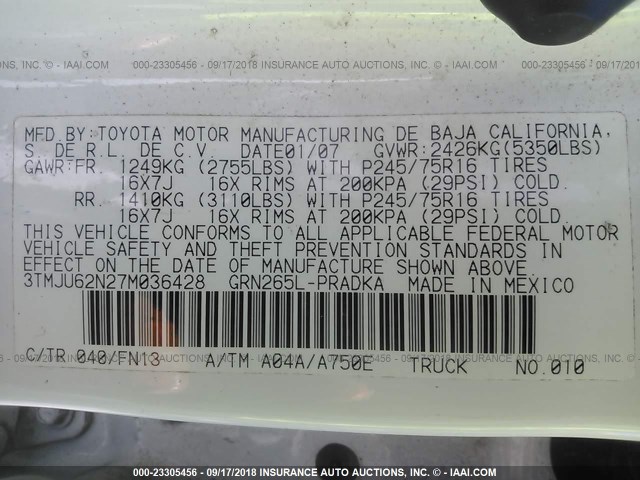 3TMJU62N27M036428 - 2007 TOYOTA TACOMA DOUBLE CAB PRERUNNER WHITE photo 9