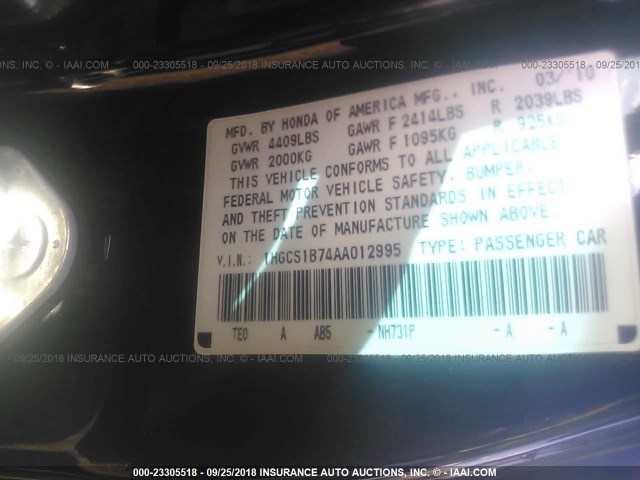 1HGCS1B74AA012995 - 2010 HONDA ACCORD EX BLACK photo 9