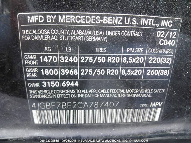 4JGBF7BE2CA787407 - 2012 MERCEDES-BENZ GL 450 4MATIC BLACK photo 9