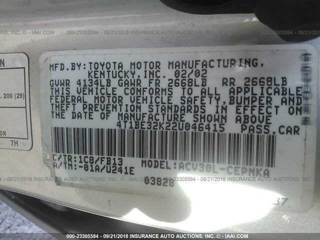 4T1BE32K22U046415 - 2002 TOYOTA CAMRY LE/XLE/SE 银色 照片 9