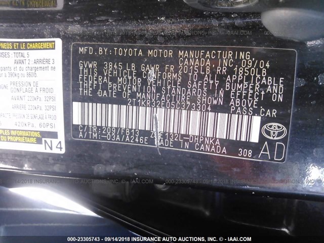 2T1KR32E05C373304 - 2005 TOYOTA COROLLA MATRIX XR BLACK photo 9