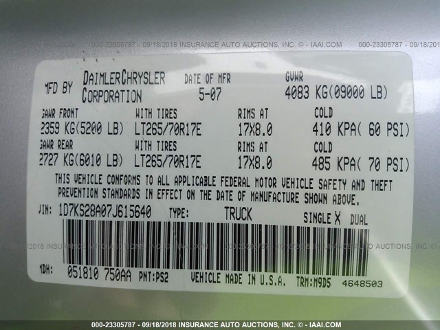1D7KS28A07J615640 - 2007 DODGE RAM 2500 ST/SLT 银色 照片 9