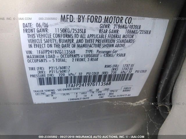 1FAFP24197G113568 - 2007 FORD FIVE HUNDRED SEL GOLD photo 9