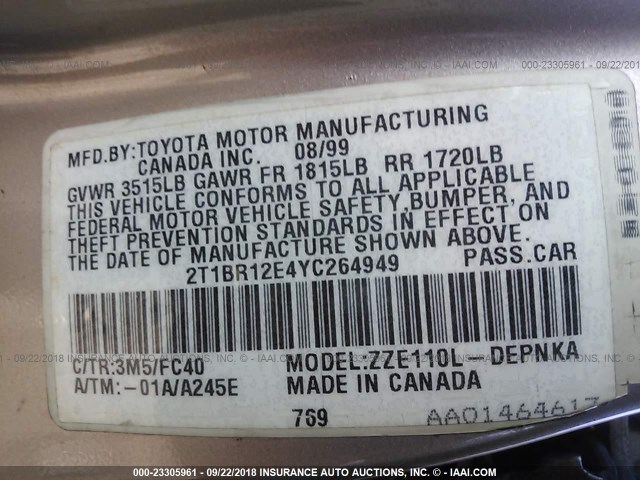 2T1BR12E4YC264949 - 2000 TOYOTA COROLLA VE/CE/LE SILVER photo 9