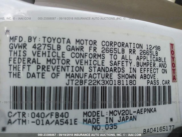 JT2BF22K3X0181180 - 1999 TOYOTA CAMRY LE/XLE 白色 照片 9