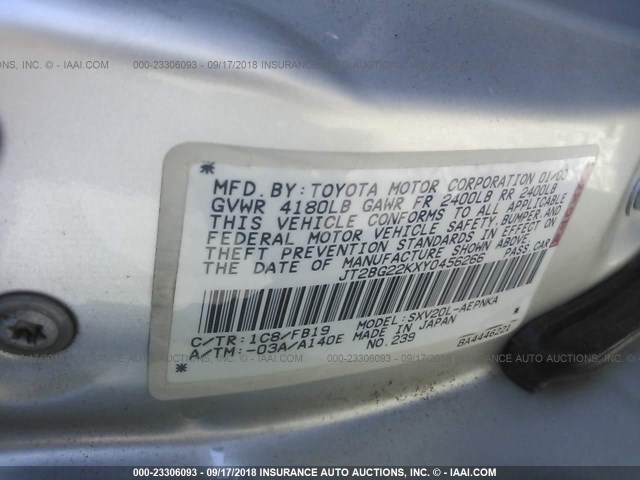 JT2BG22KXY0456266 - 2000 TOYOTA CAMRY CE/LE/XLE 银色 照片 9