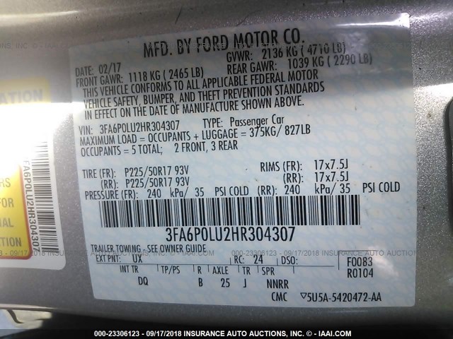 3FA6P0LU2HR304307 - 2017 FORD FUSION SE HYBRID SILVER photo 9