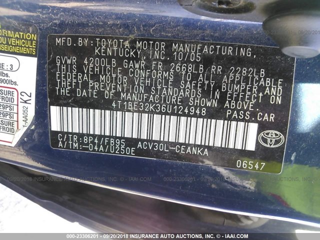 4T1BE32K36U124948 - 2006 TOYOTA CAMRY LE/XLE/SE Көк фото 9