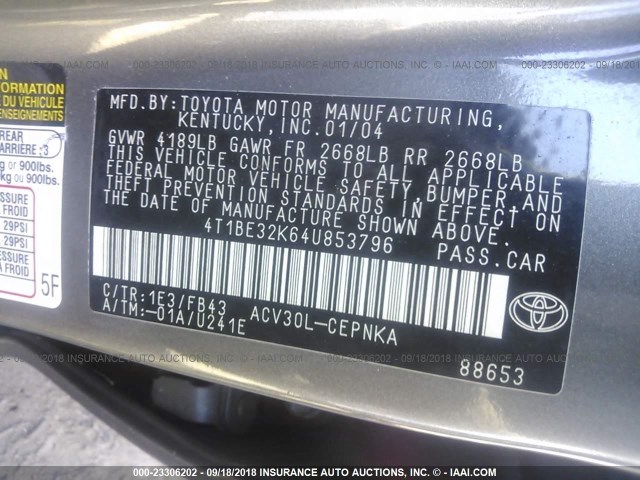 4T1BE32K64U853796 - 2004 TOYOTA CAMRY LE/XLE/SE 灰色 照片 9