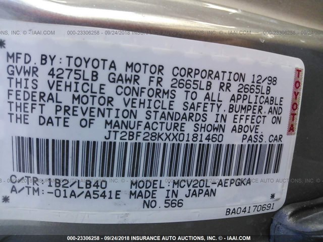 JT2BF28KXX0181460 - 1999 TOYOTA CAMRY LE/XLE 金色 照片 9
