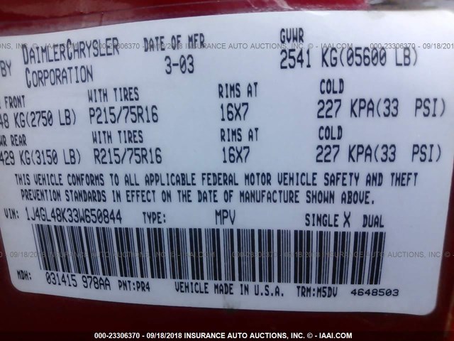 1J4GL48K33W650844 - 2003 JEEP LIBERTY SPORT/FREEDOM წითელი ფოტო 9