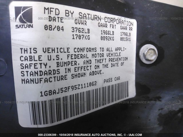 1G8AJ52F95Z111062 - 2005 SATURN ION LEVEL 2 GOLD photo 9