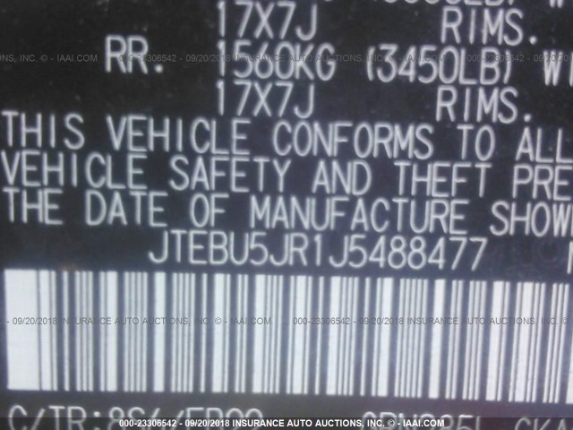 JTEBU5JR1J5488477 - 2018 TOYOTA 4RUNNER SR5 PREM/LTDL/TRAIL/TRD BLUE photo 9