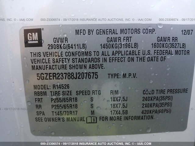 5GZER23788J207675 - 2008 SATURN OUTLOOK XR თეთრი ფოტო 9