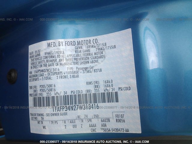 1FAFP34N27W313416 - 2007 FORD FOCUS ZX4/S/SE/SES BLUE photo 9