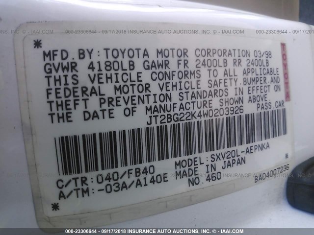JT2BG22K4W0203926 - 1998 TOYOTA CAMRY CE/LE/XLE 白色 照片 9