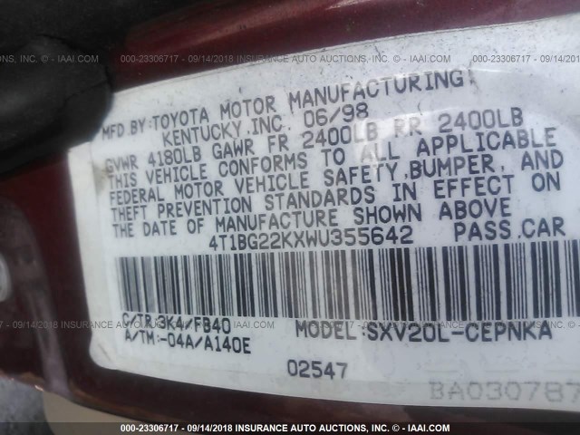 4T1BG22KXWU355642 - 1998 TOYOTA CAMRY CE/LE/XLE 红色 照片 9