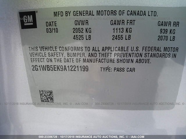 2G1WB5EK9A1221199 - 2010 CHEVROLET IMPALA LT SILVER photo 9