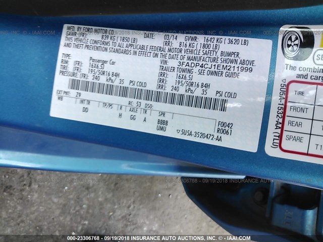 3FADP4CJ1EM211999 - 2014 FORD FIESTA TITANIUM BLUE photo 9