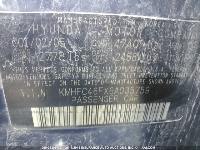 KMHFC46FX6A035759 - 2006 HYUNDAI AZERA SE/LIMITED Dark Blue photo 9