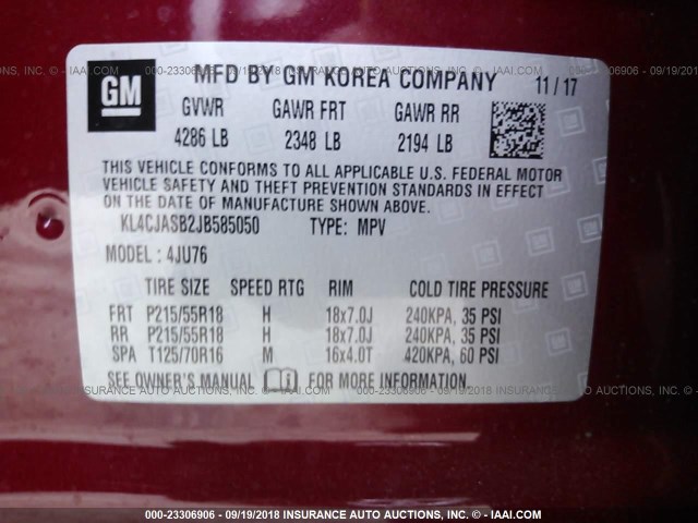 KL4CJASB2JB585050 - 2018 BUICK ENCORE PREFERRED Марун фото 9