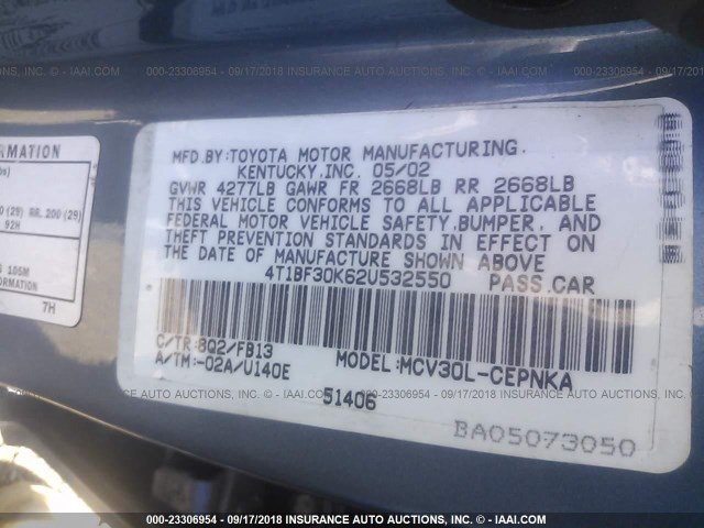 4T1BF30K62U532550 - 2002 TOYOTA CAMRY LE/XLE/SE Көк фото 9