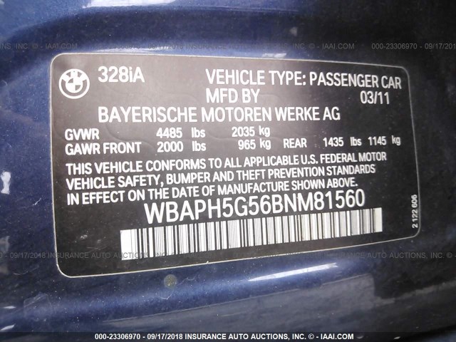 WBAPH5G56BNM81560 - 2011 BMW 328 I SULEV BLUE photo 9