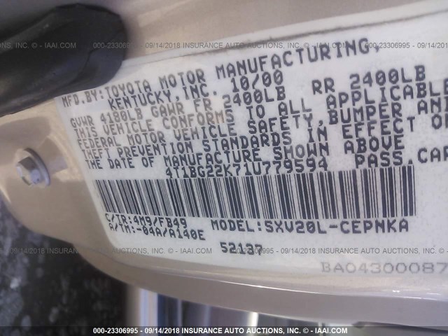 4T1BG22K71U779594 - 2001 TOYOTA CAMRY CE/LE/XLE 米色 照片 9