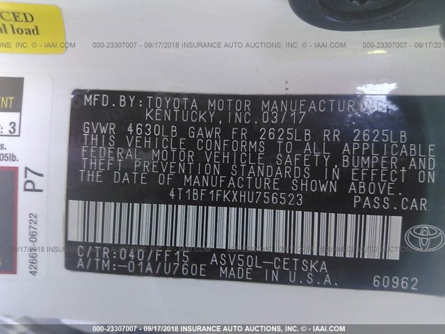 4T1BF1FKXHU756523 - 2017 TOYOTA CAMRY LE/XLE/SE/XSE 白色 照片 9