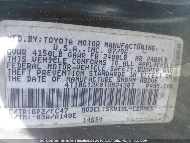 4T1BG12K0TU824307 - 1996 TOYOTA CAMRY DX/LE/XLE GREEN photo 9