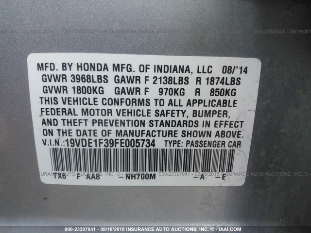 19VDE1F39FE005734 - 2015 ACURA ILX 20 SILVER photo 9