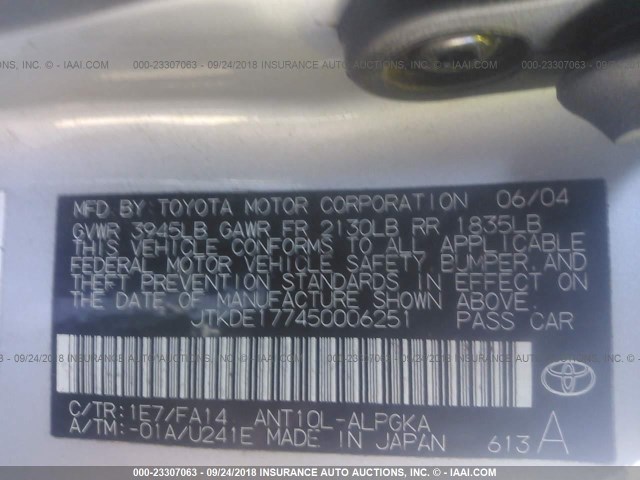 JTKDE177450006251 - 2005 TOYOTA SCION TC 银色 照片 9