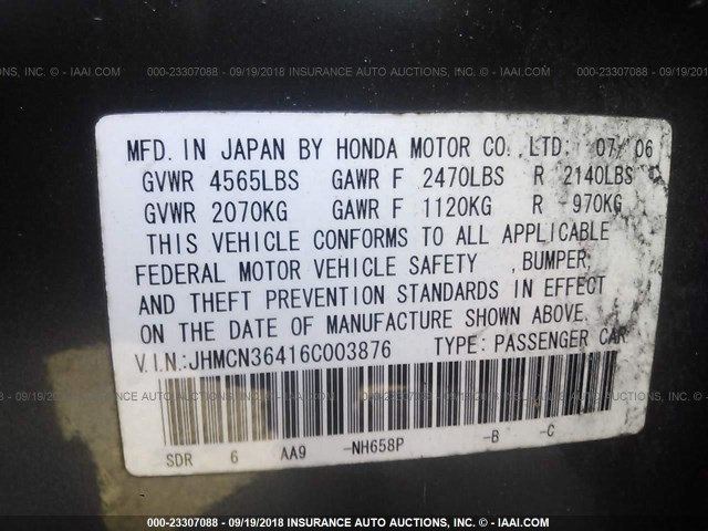 JHMCN36416C003876 - 2006 HONDA ACCORD HYBRID GRAY photo 9