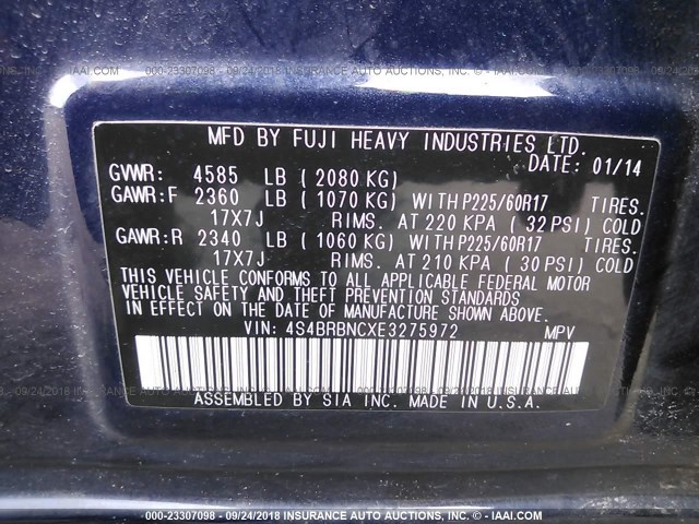 4S4BRBNCXE3275972 - 2014 SUBARU OUTBACK 2.5I LIMITED BLUE photo 9