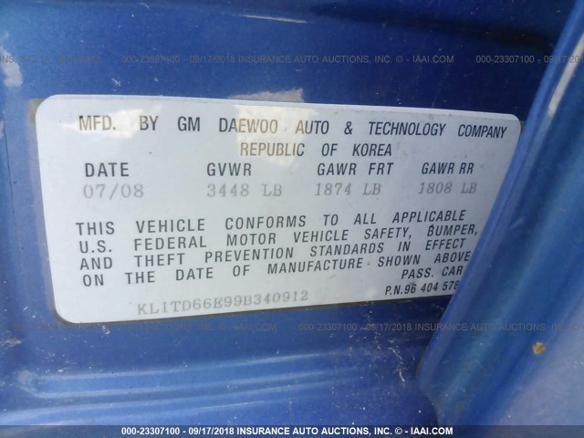 KL1TD66E99B340912 - 2009 CHEVROLET AVEO LS/LT ლურჯი ფოტო 9