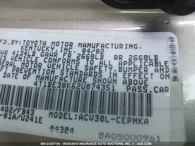 4T1BE30K62U074351 - 2002 TOYOTA CAMRY LE/XLE/SE Алтын фото 9