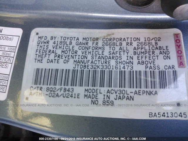 JTDBE32K330161473 - 2003 TOYOTA CAMRY LE/XLE Ашық көк фото 9