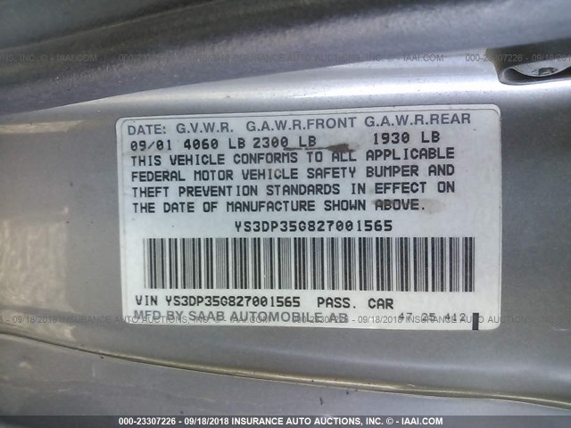 YS3DP35G827001565 - 2002 SAAB 9-3 VIGGEN SILVER photo 9