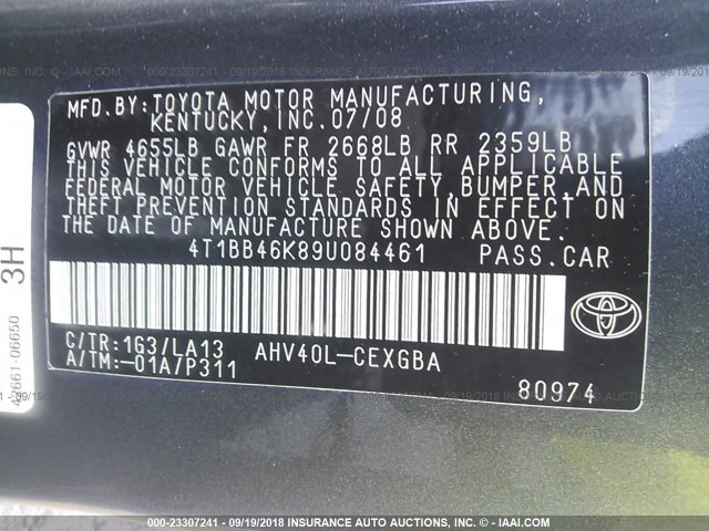 4T1BB46K89U084461 - 2009 TOYOTA CAMRY HYBRID GRAY photo 9