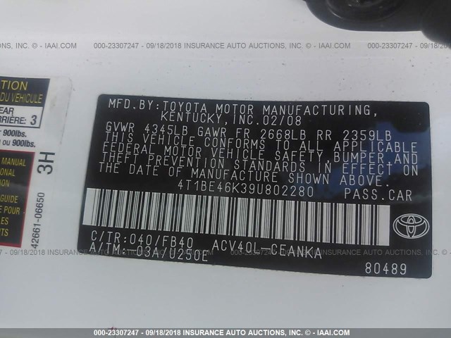 4T1BE46K39U802280 - 2009 TOYOTA CAMRY SE/LE/XLE WHITE photo 9