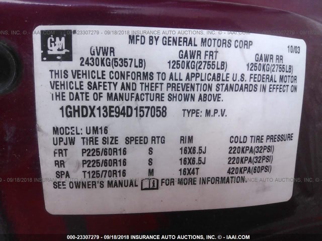 1GHDX13E94D157058 - 2004 OLDSMOBILE SILHOUETTE LUXURY MAROON photo 9