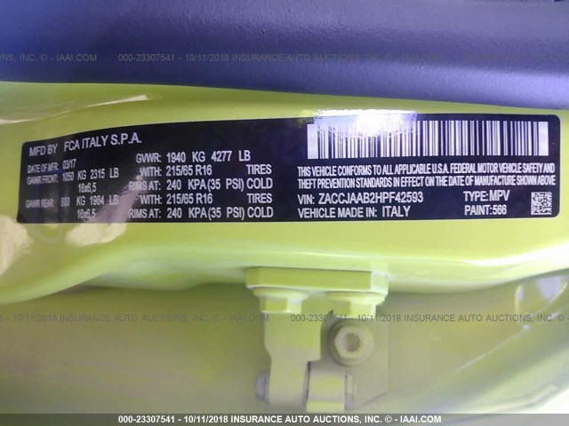 ZACCJAAB2HPF42593 - 2017 JEEP RENEGADE SPORT Կանաչ լուսանկար 9