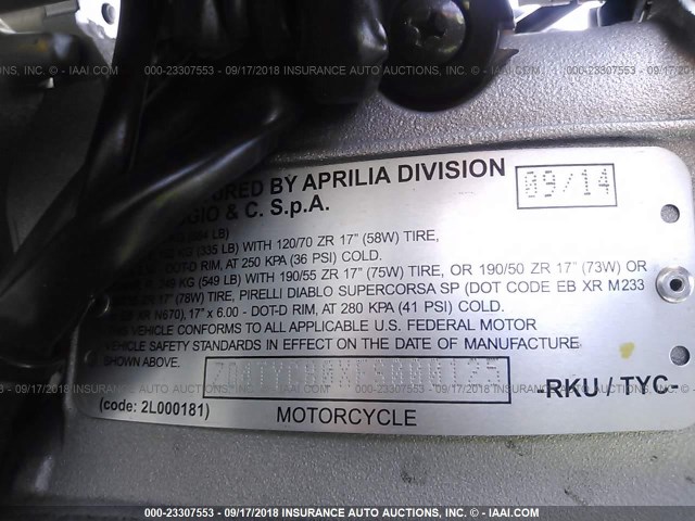 ZD4TYCB0XFS000125 - 2015 APRILIA TUONO V4 APRC ABS BLACK photo 10