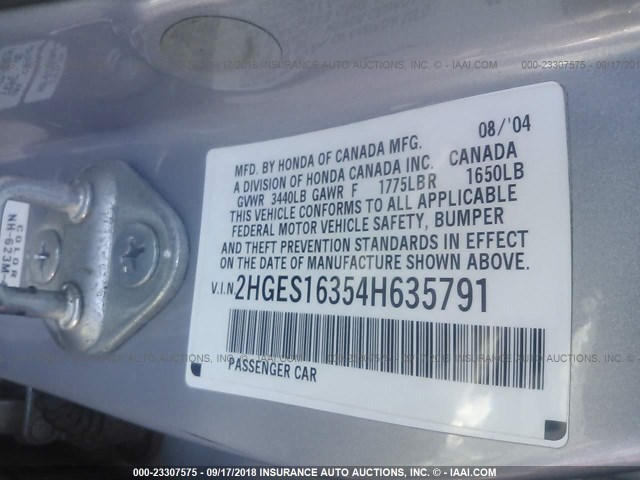 2HGES16354H635791 - 2004 HONDA CIVIC DX VP Gümüş foto 9