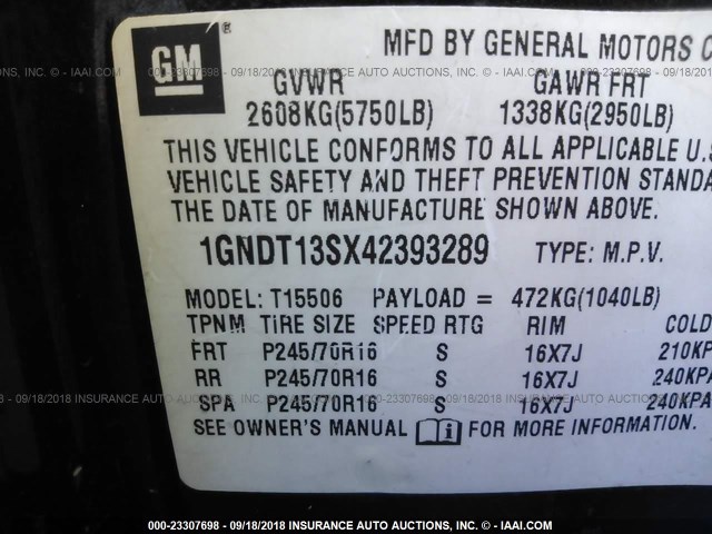 1GNDT13SX42393289 - 2004 CHEVROLET TRAILBLAZER LS/LT 灰色 照片 9